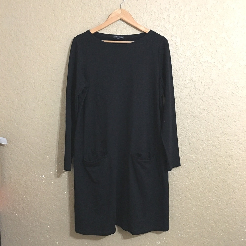Eileen Fisher Shift Dress Medium Black Long Sleeve Pocketed Tencel Knit